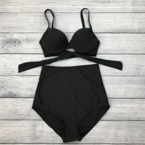 2017 Hot Retro Black Swimsuit Underwire Push Up High Waist Bikini Set Sexy Women Swimwear High Waist Bathing Suits Biquni