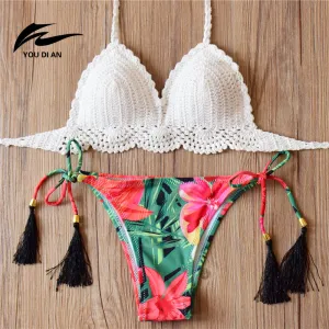 2017 New Bikini Women Pure Handmade Crochet Swimsuit Sexy Floral Print Bikini Swimwear Women Low Waist Bathing Suit Biquini Sets