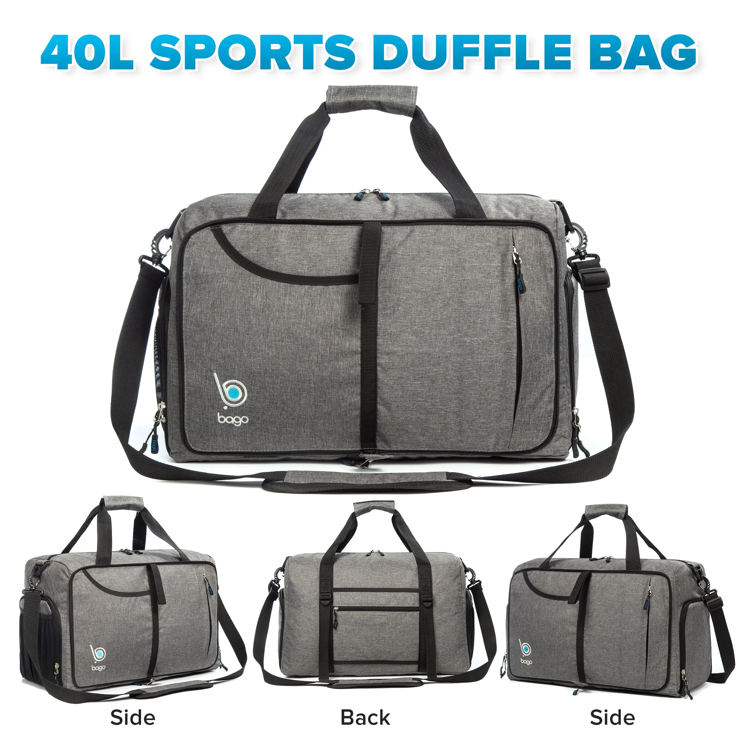 Bago Gym Bags for Women and Men - Packable Sports Duffle Bag for Women with Shoe & Wet Compartment