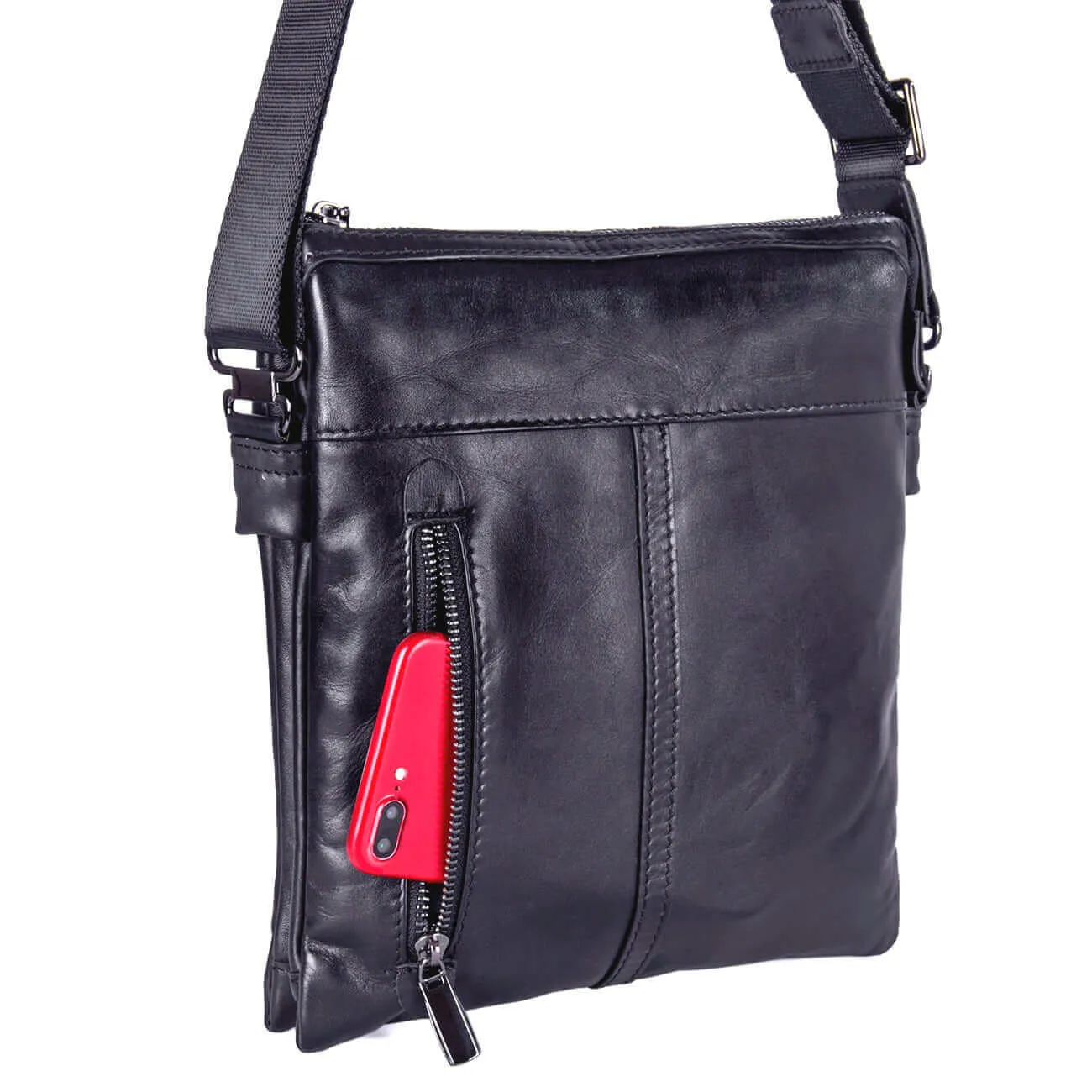 Black Leather Slim Crossbody Bag NZ