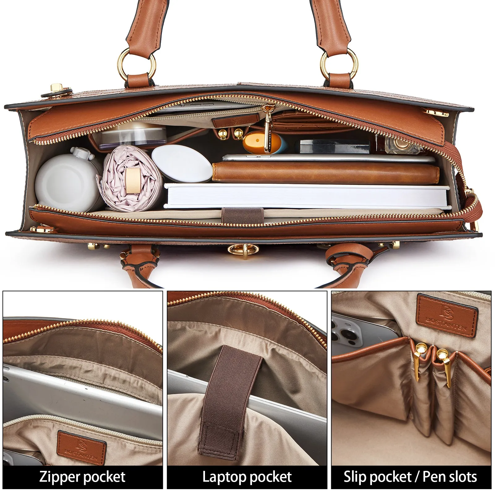 BOSTANTEN Briefcase for Women 15.6 inch Leather Laptop Bag Vintage Slim Lawyer Business Bag Stylish Work Purse