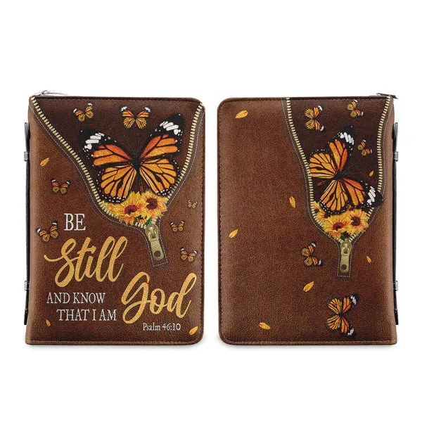 Christianart Bible Cover - Be Still And Know That I Am God Butterfly Leather Style Psalm 46:10 - Gifts For Women - Butterfly Bible Cover - CABBBCV02080324.