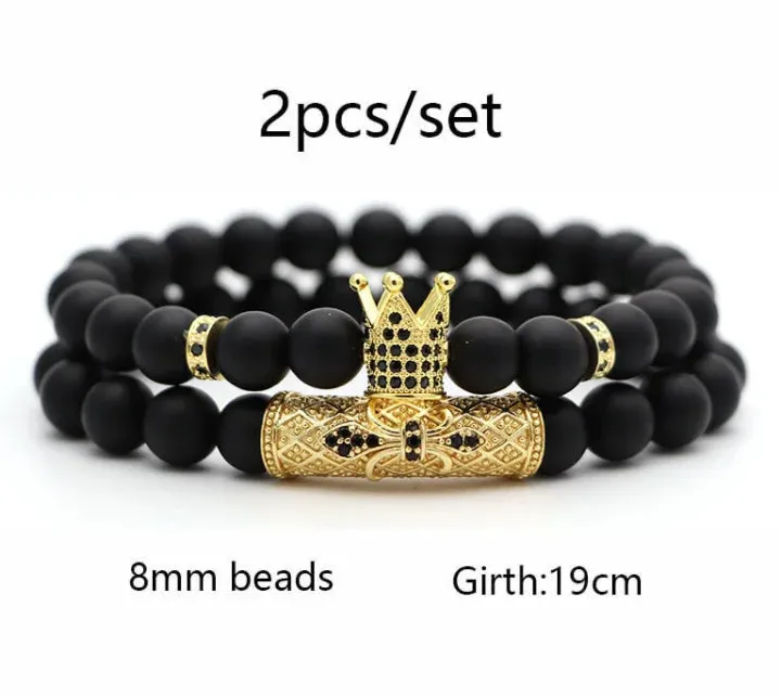 Classic Black Beads 2pc/Set Natural Glass Stone Bracelet Men Pave CZ 8mm Disco Ball  Bracelets Women Gold Jewelry