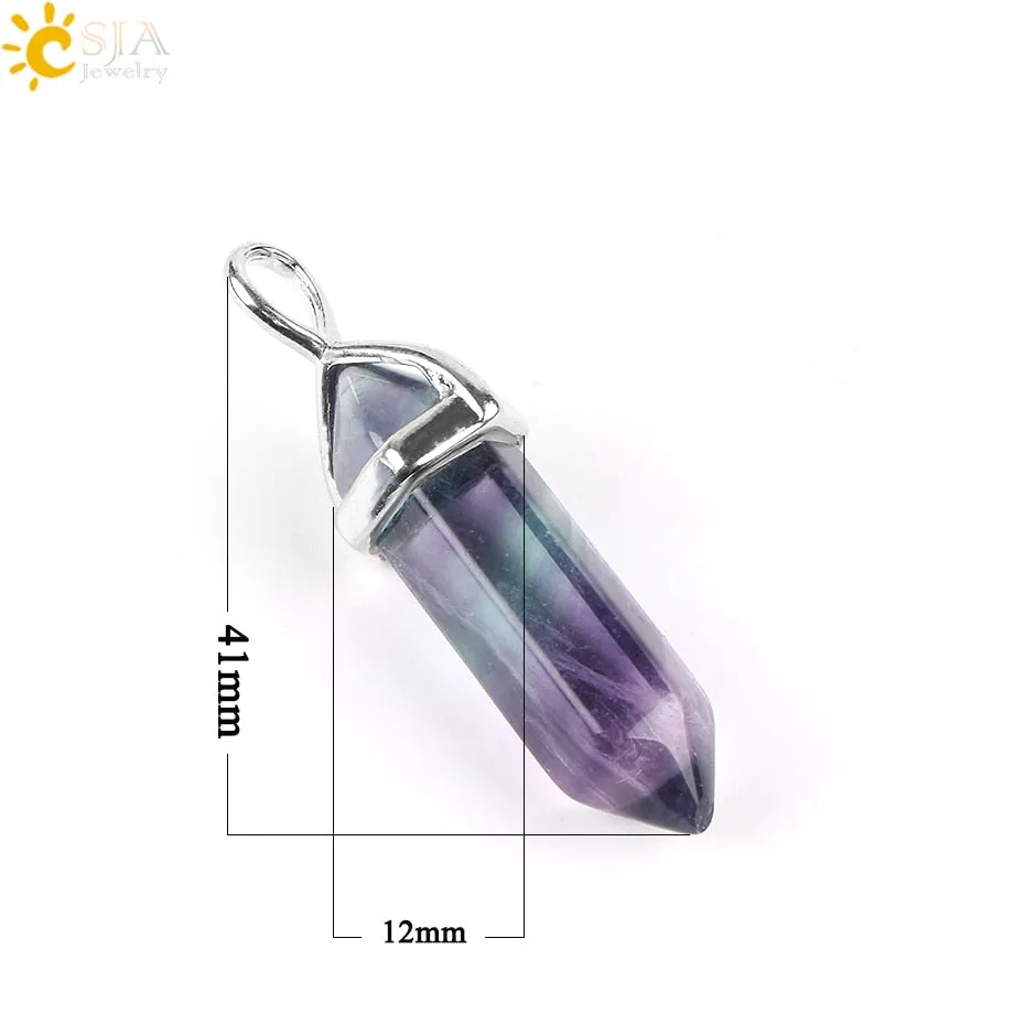 CSJA Fluorite Necklaces Crystal Pendants Suspension Natural Gem Stone Quartz Bullet Hexagonal Pendulum Reiki Chakra pendulo E546