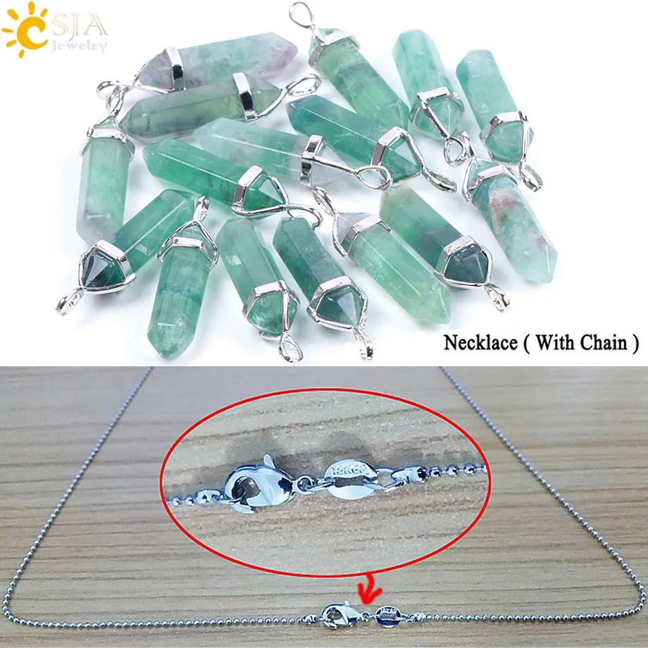 CSJA Fluorite Necklaces Crystal Pendants Suspension Natural Gem Stone Quartz Bullet Hexagonal Pendulum Reiki Chakra pendulo E546