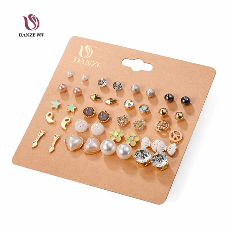 DANZE 20 Pairs/lot Punk Fashion Stud Earrings Set For Women Elegant Mixed Crystal Flower Bow metal Ball Earings Jewelry 5 Styles