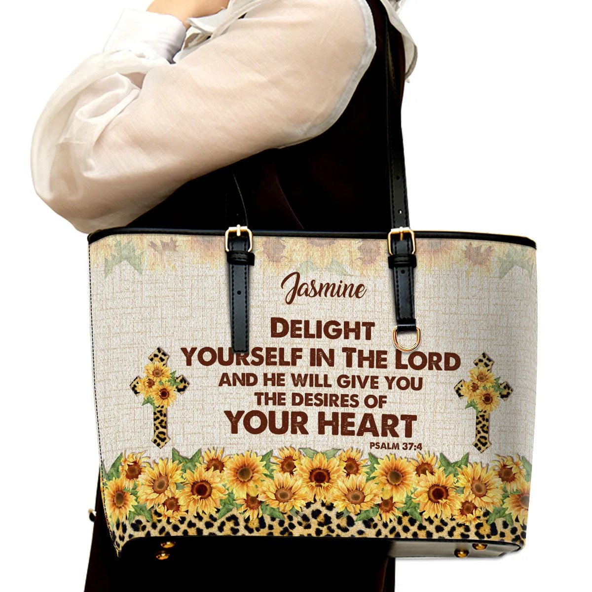 Delight Yourself In The Lord Psalm 374 Sunflower And Cross Personalized Large Leather Tote Bag - Christian Gifts For Women