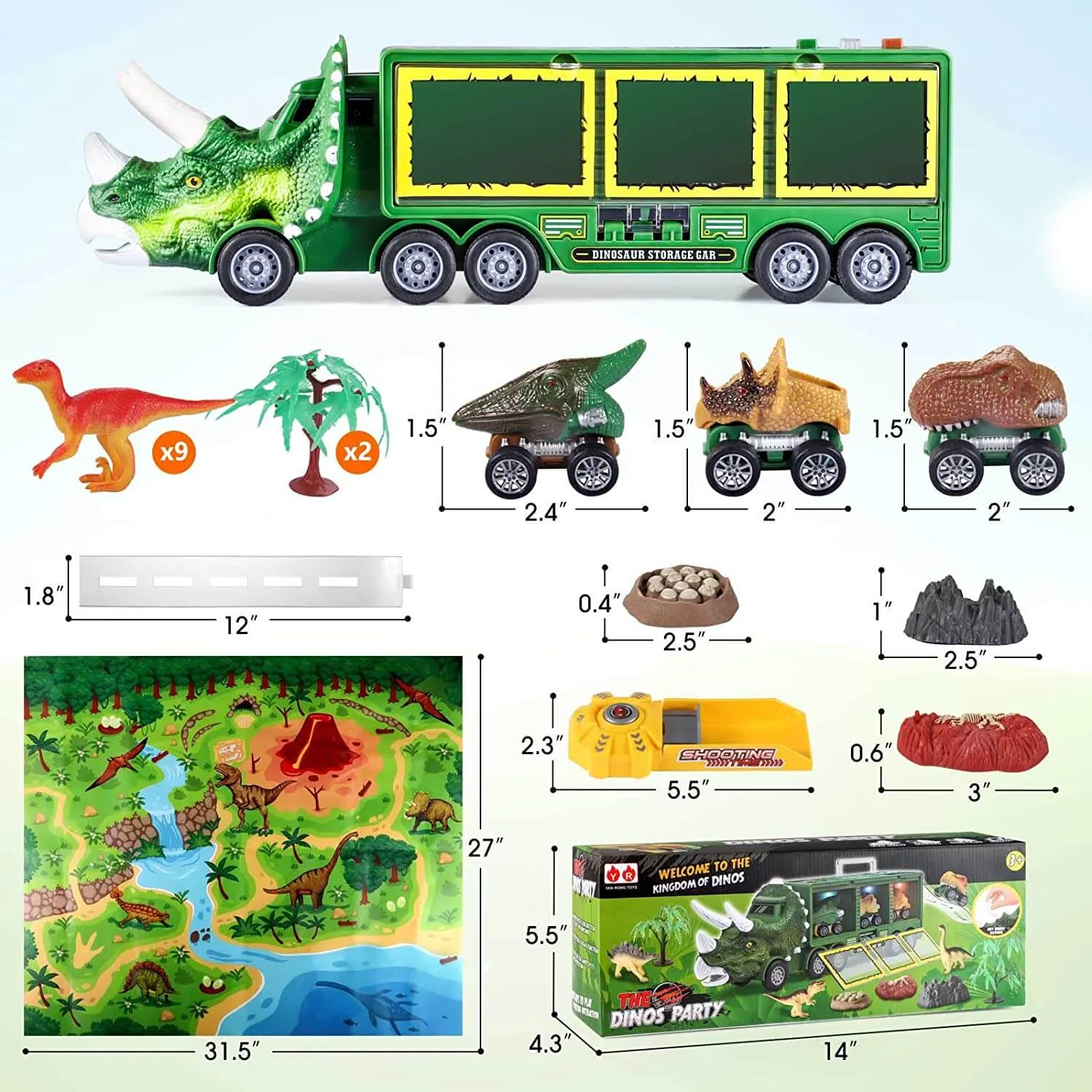 Dinosaur kids Toys  Dinosaur Carrier Playset with 3 Pull Back Cars