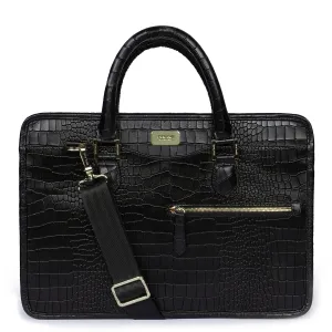 Efficient Laptop Briefcase Black Croco Leather Bag for Work and Travel by Brune & Bareskin