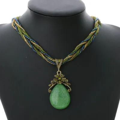 Ethnic Jewelry Bohemian Colorful Women Beads Imitation Water Nature Stone Pendant Necklace With Multilayer Chain Turkish Jewelry