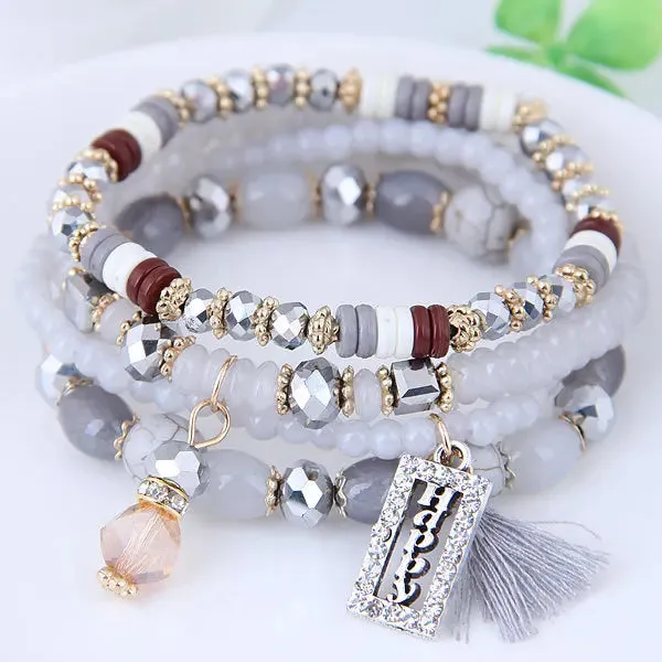 Fashion Tassel and Happy Engrave  Bracelet Handmade Multi Color Crystal Bracelet For Women Wholesale Set Bohemia Jewelry