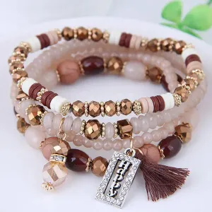 Fashion Tassel and Happy Engrave  Bracelet Handmade Multi Color Crystal Bracelet For Women Wholesale Set Bohemia Jewelry