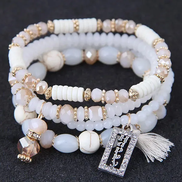 Fashion Tassel and Happy Engrave  Bracelet Handmade Multi Color Crystal Bracelet For Women Wholesale Set Bohemia Jewelry