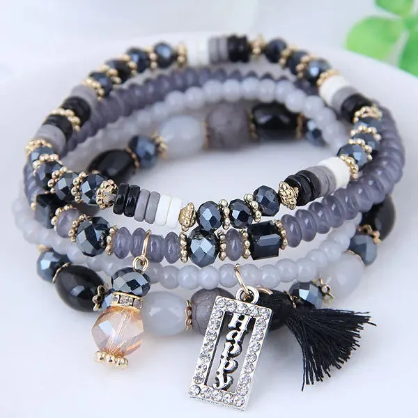 Fashion Tassel and Happy Engrave  Bracelet Handmade Multi Color Crystal Bracelet For Women Wholesale Set Bohemia Jewelry