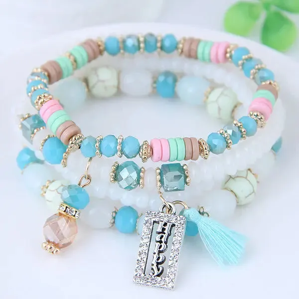 Fashion Tassel and Happy Engrave  Bracelet Handmade Multi Color Crystal Bracelet For Women Wholesale Set Bohemia Jewelry