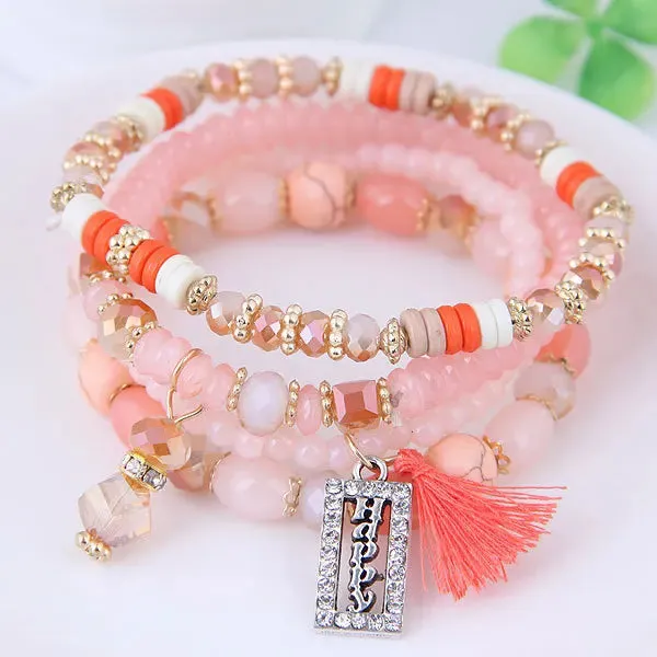 Fashion Tassel and Happy Engrave  Bracelet Handmade Multi Color Crystal Bracelet For Women Wholesale Set Bohemia Jewelry