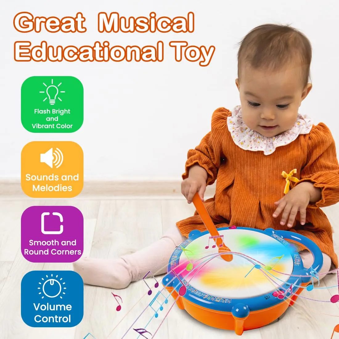 Flash Drum with 3D Lights and Music Multi Color - stick drum for kids Drum Toy with Flash Light & Music Effects | Dynamic Musial Instrument Toy with 2 Mallets for Toddlers