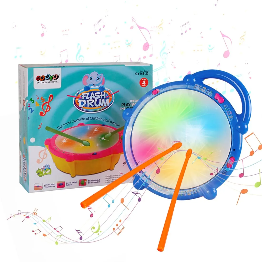 Flash Drum with 3D Lights and Music Multi Color - stick drum for kids Drum Toy with Flash Light & Music Effects | Dynamic Musial Instrument Toy with 2 Mallets for Toddlers