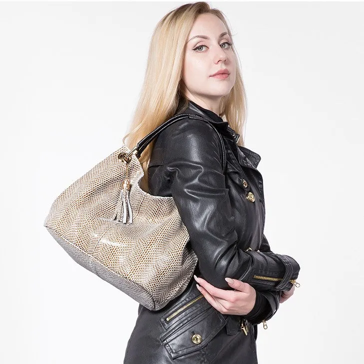 Genuine Leather Reptile Print Shoulder Bag