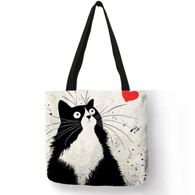 Heart-Cat Print Tote Bag