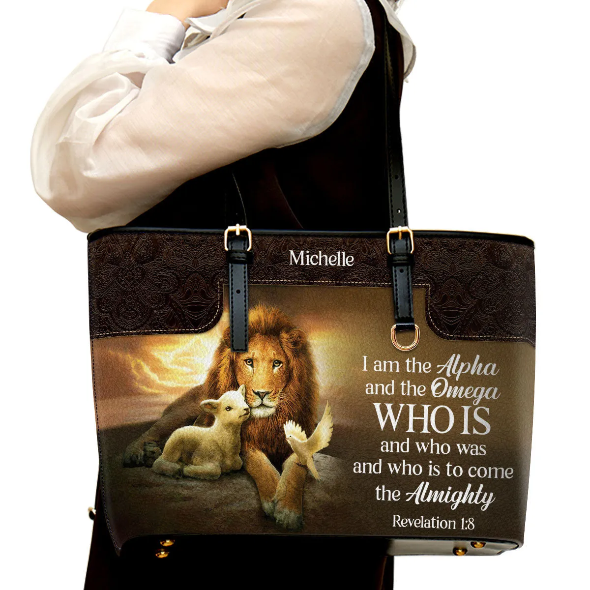 I Am The Alpha And The Omega Personalized Large Leather Tote Bag - Christian Inspirational Gifts For Women