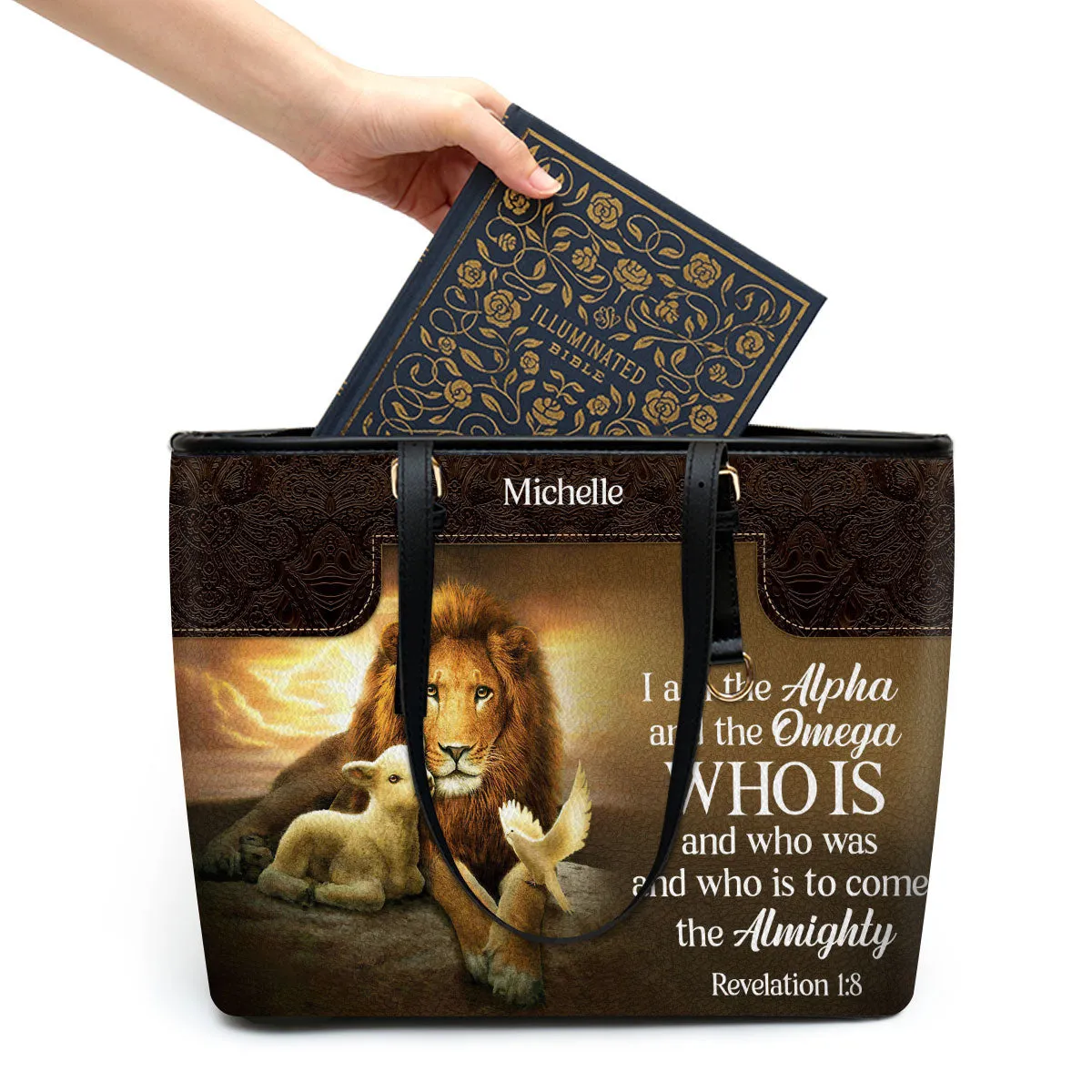 I Am The Alpha And The Omega Personalized Large Leather Tote Bag - Christian Inspirational Gifts For Women