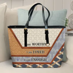 I Am Worthy I Am Loved Large Leather Tote Bag - Christ Gifts For Religious Women - Best Mother's Day Gifts