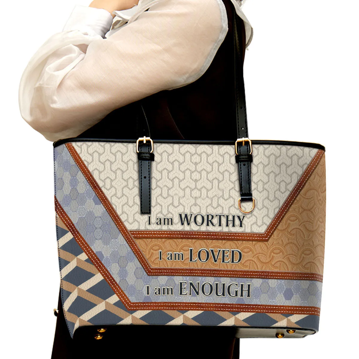 I Am Worthy I Am Loved Large Leather Tote Bag - Christ Gifts For Religious Women - Best Mother's Day Gifts