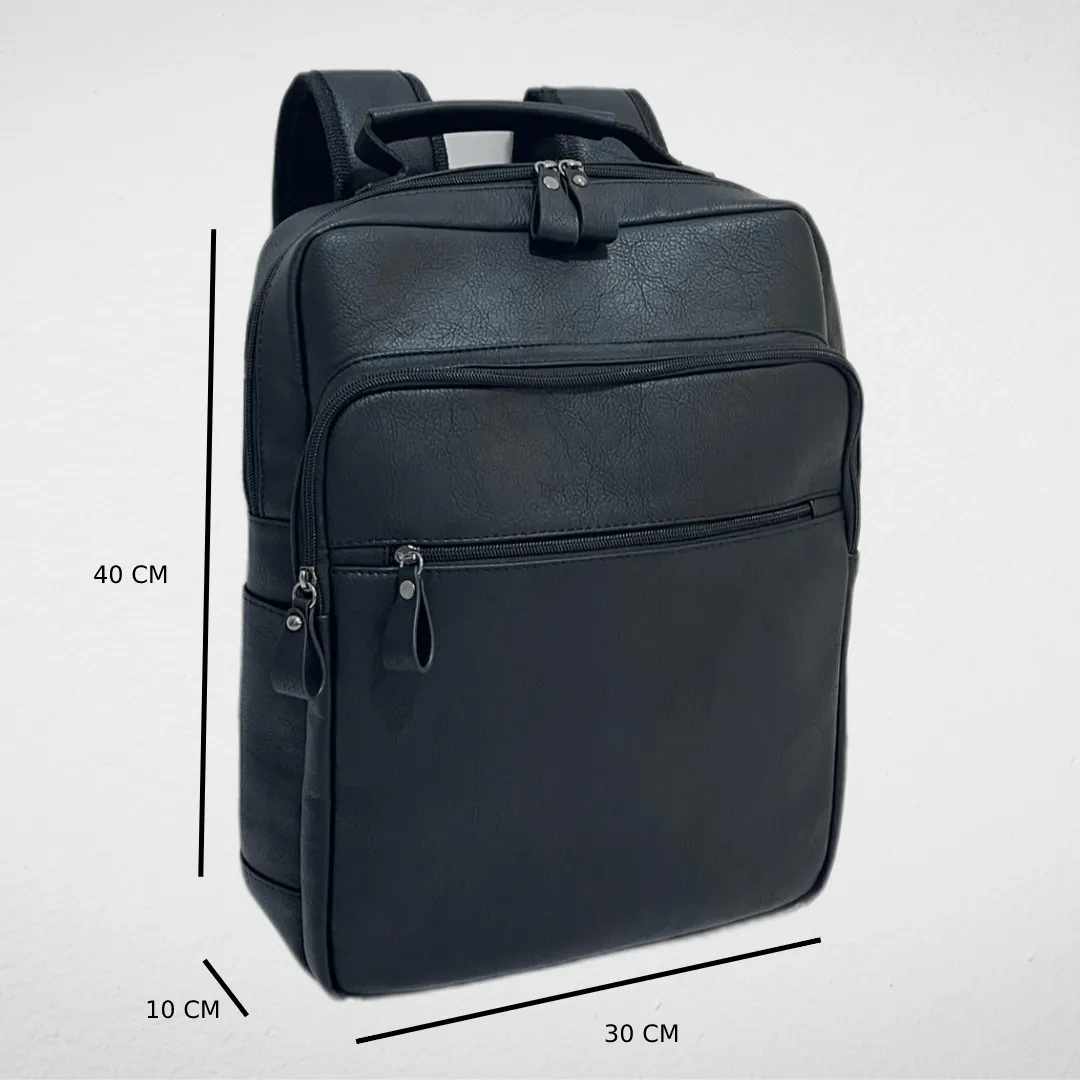 Laptop Leather Backpack- (Black) With Travel Bag Sleeve