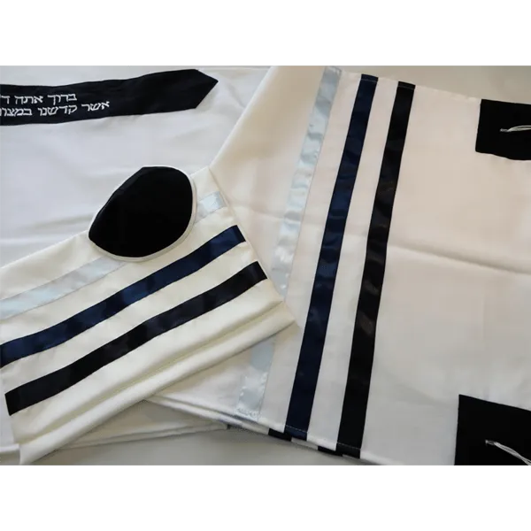 Light and Dark Blue Stripes Wool Tallit Set for Bar Mitzvah, Tzitzit Hebrew Prayer Shawl