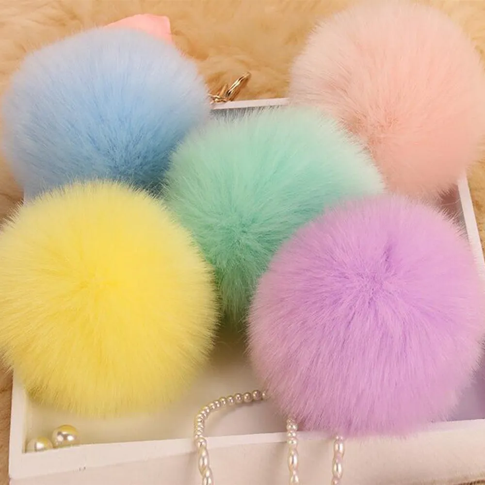 Lovely Trinkets Rabbit Ear Fur Ball Key Chain Rings Pendant Cute Pompom Artificial Bunny Fur Keychain Women Car Bag Key Ring