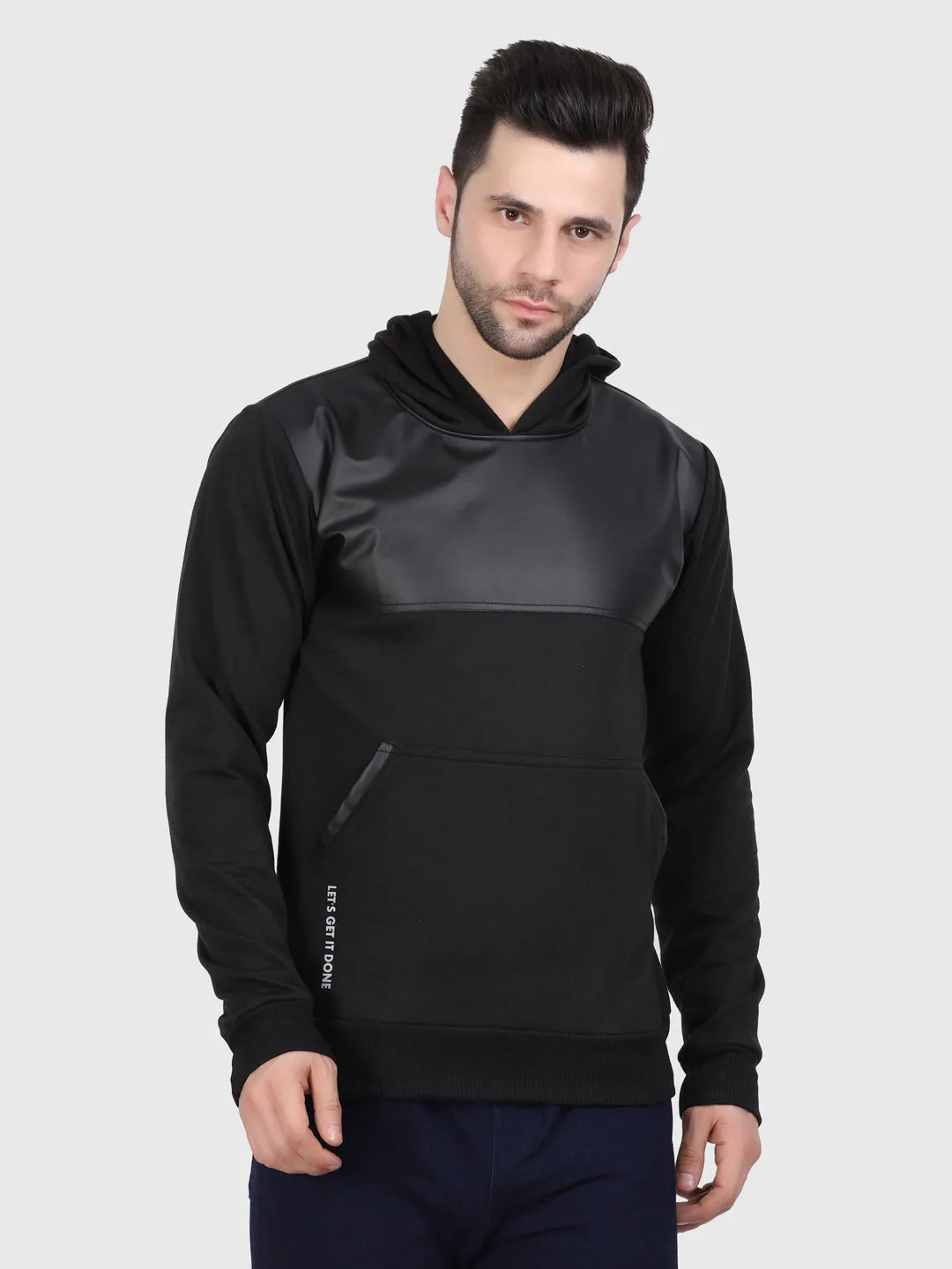 Men Black Hoodie with Leather Patch