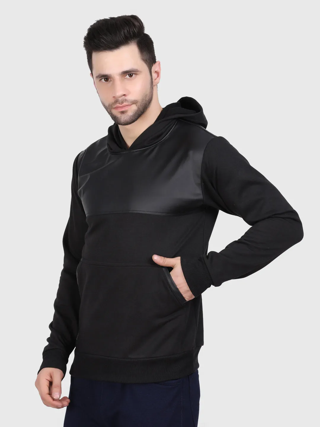 Men Black Hoodie with Leather Patch