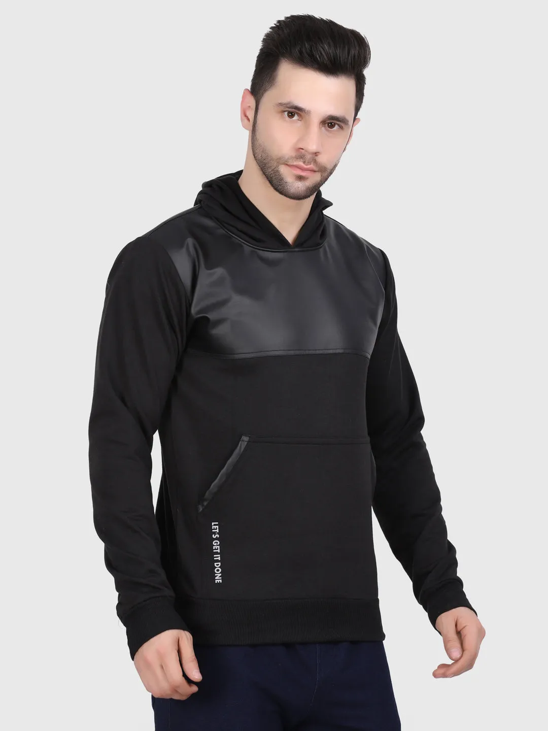 Men Black Hoodie with Leather Patch