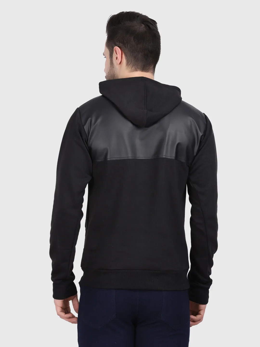 Men Black Hoodie with Leather Patch