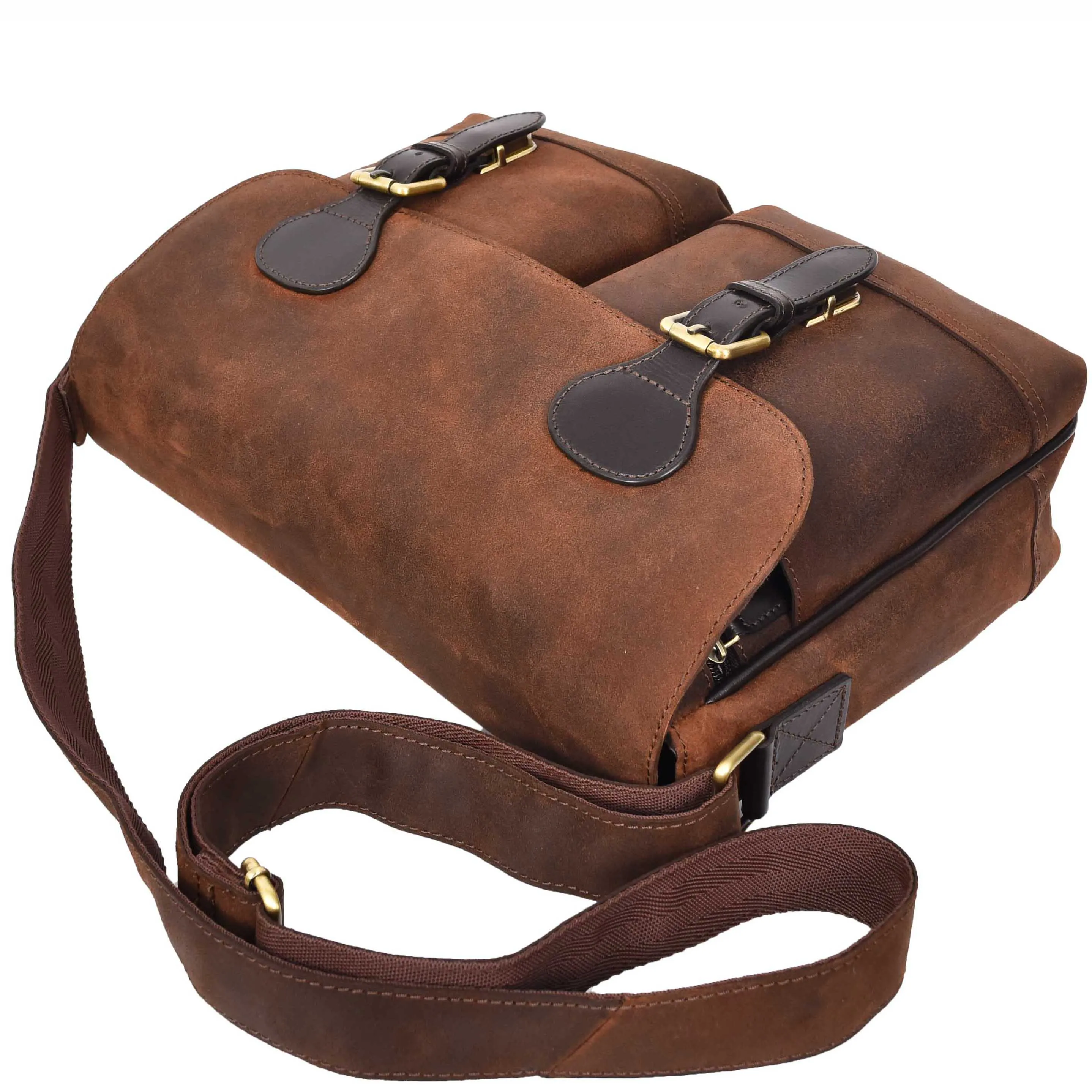 Mens Distressed Leather Satchel Twin Buckle Vintage Brown Messenger Laptop Bag A561