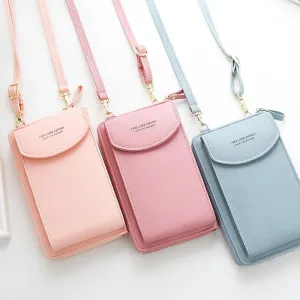 New Women Purses Solid Color Leather Shoulder Strap Bag Mobile Phone Big Card Holders Wallet Handbag Pockets for Girls