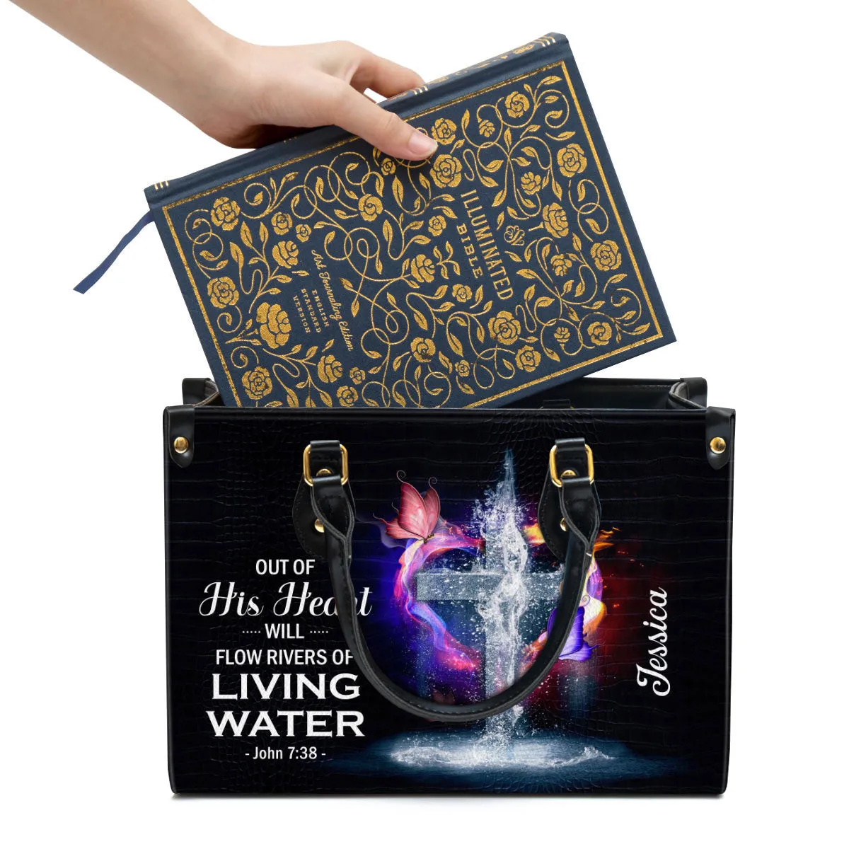 Out Of His Heart Will Flow Rivers Of Living Water Personalized Leather Bag For Women - Religious Gifts For Women