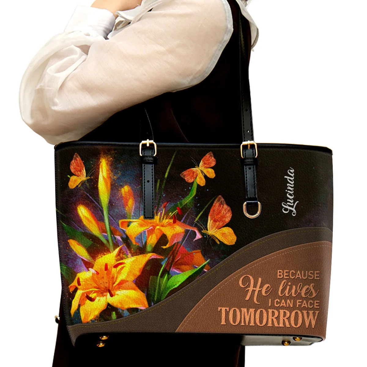 Personalized Large Leather Tote Bag Because He Lives I Can Face Tomorrow - Spiritual Gifts For Christian Women