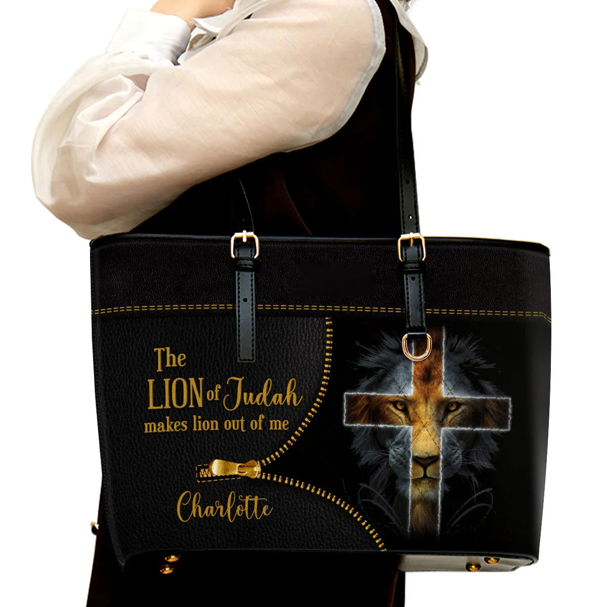 Personalized Large Leather Tote Bag The Lion Of Judah Makes Lion Out Of Me - Spiritual Gifts For Christian Women