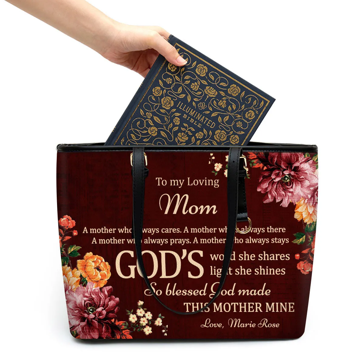 Personalized Large Leather Tote Bag To My Loving Mom - Spiritual Gifts For Christian Women