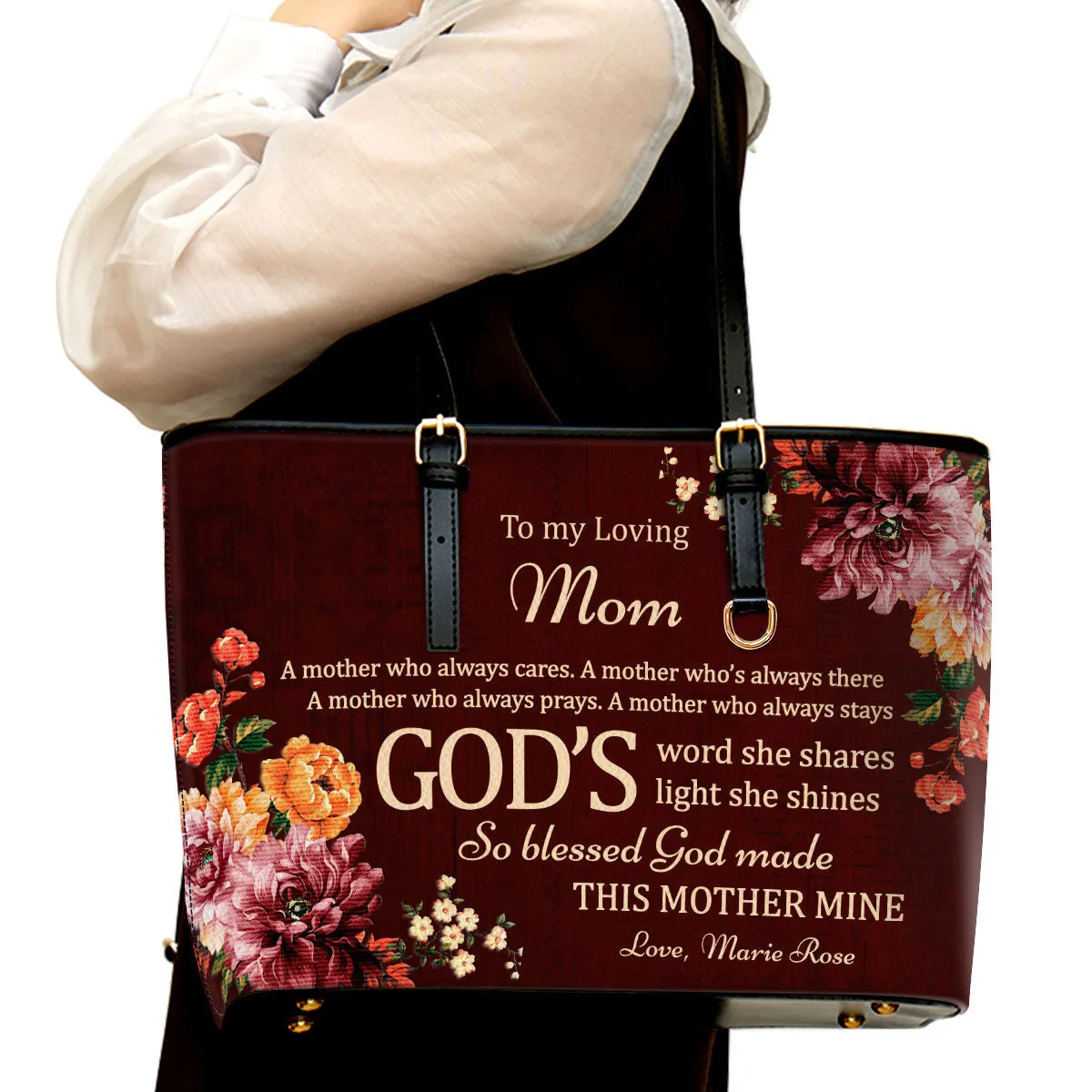 Personalized Large Leather Tote Bag To My Loving Mom - Spiritual Gifts For Christian Women