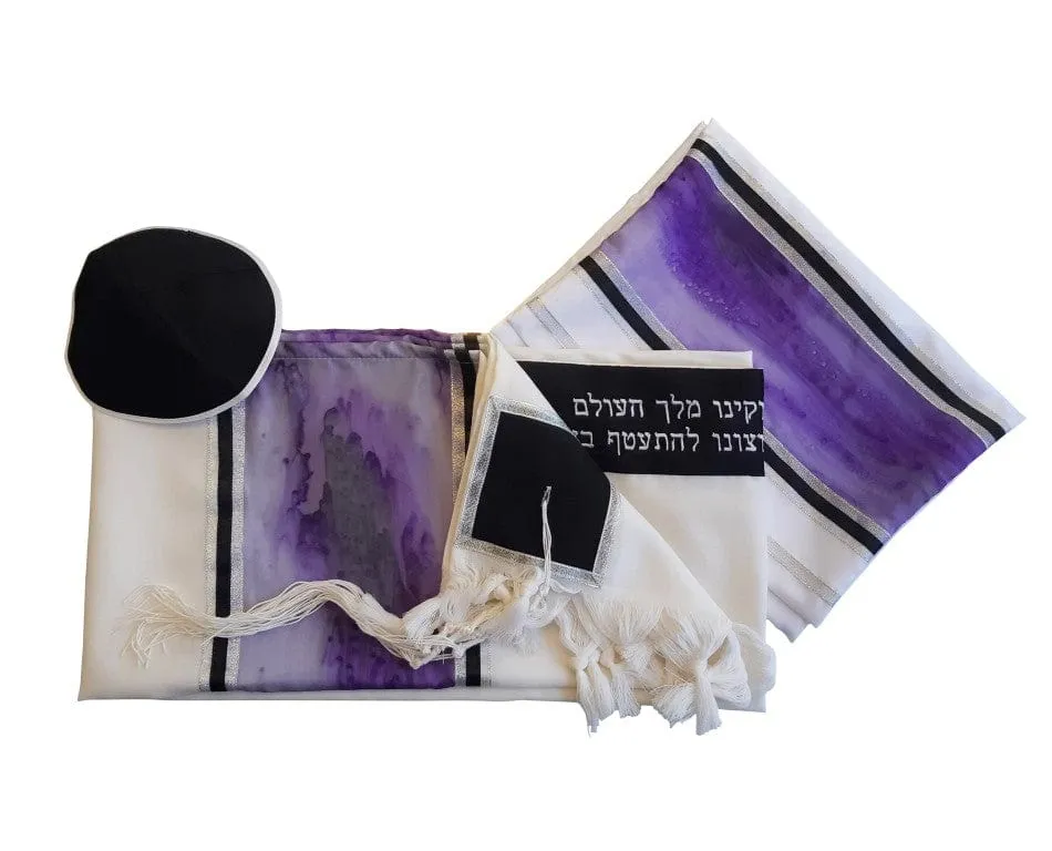 Purple Marble Hand Painted Silk on Wool Tallit, Bar Mitzva Tallit, Tzitzit, Jewish Prayer Shawl