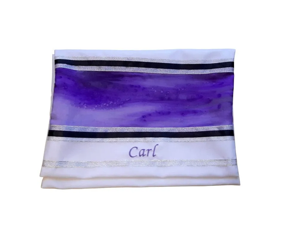 Purple Marble Hand Painted Silk on Wool Tallit, Bar Mitzva Tallit, Tzitzit, Jewish Prayer Shawl