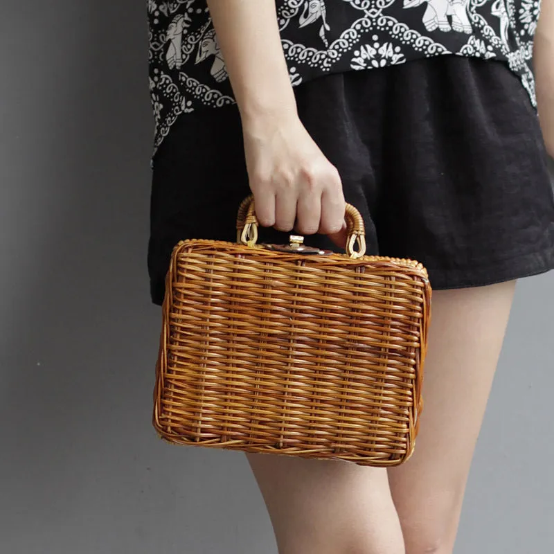 Rattan Retro Box Trunk Tote Handbag