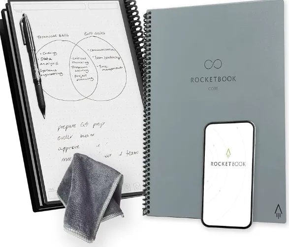 Rocketbook Core Reusable Spiral Notebook, Letter Size 8.5x11, Gray - Dotted Pages, App-Connected, Erasable, Durable Cover, Ideal for School, Work, and Creative Projects