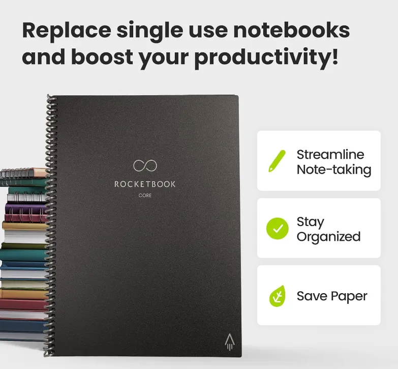 Rocketbook Core Reusable Spiral Notebook, Letter Size 8.5x11, Gray - Dotted Pages, App-Connected, Erasable, Durable Cover, Ideal for School, Work, and Creative Projects