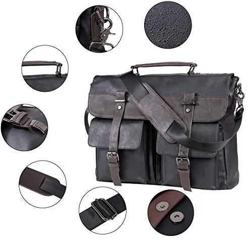 Seyfocnia Leather Messenger Bag for Men, 17.3 Inch Vintage PU Leather Laptop Bag Briefcase Satchel, Large Messenger Bag Water Resistant School Work Bag (Black)