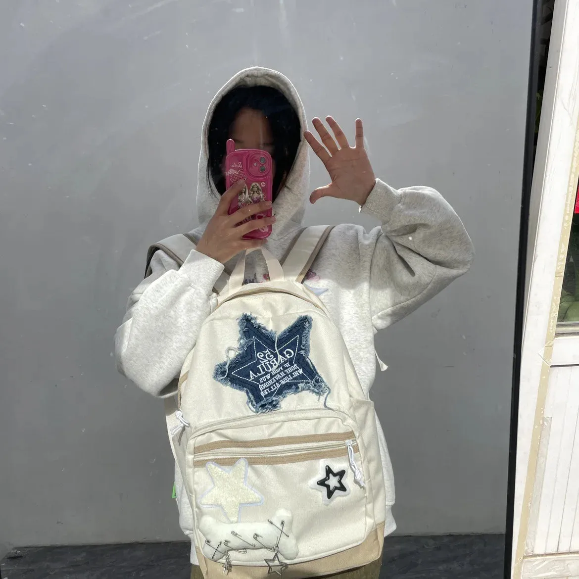 Sohiwoo Y2K Kawaii Backpack Bone Book Bag Cute Star Patchwork Schoolbag Casual Korean Student Bag Girls Travel Ladies Teenage Backpacks