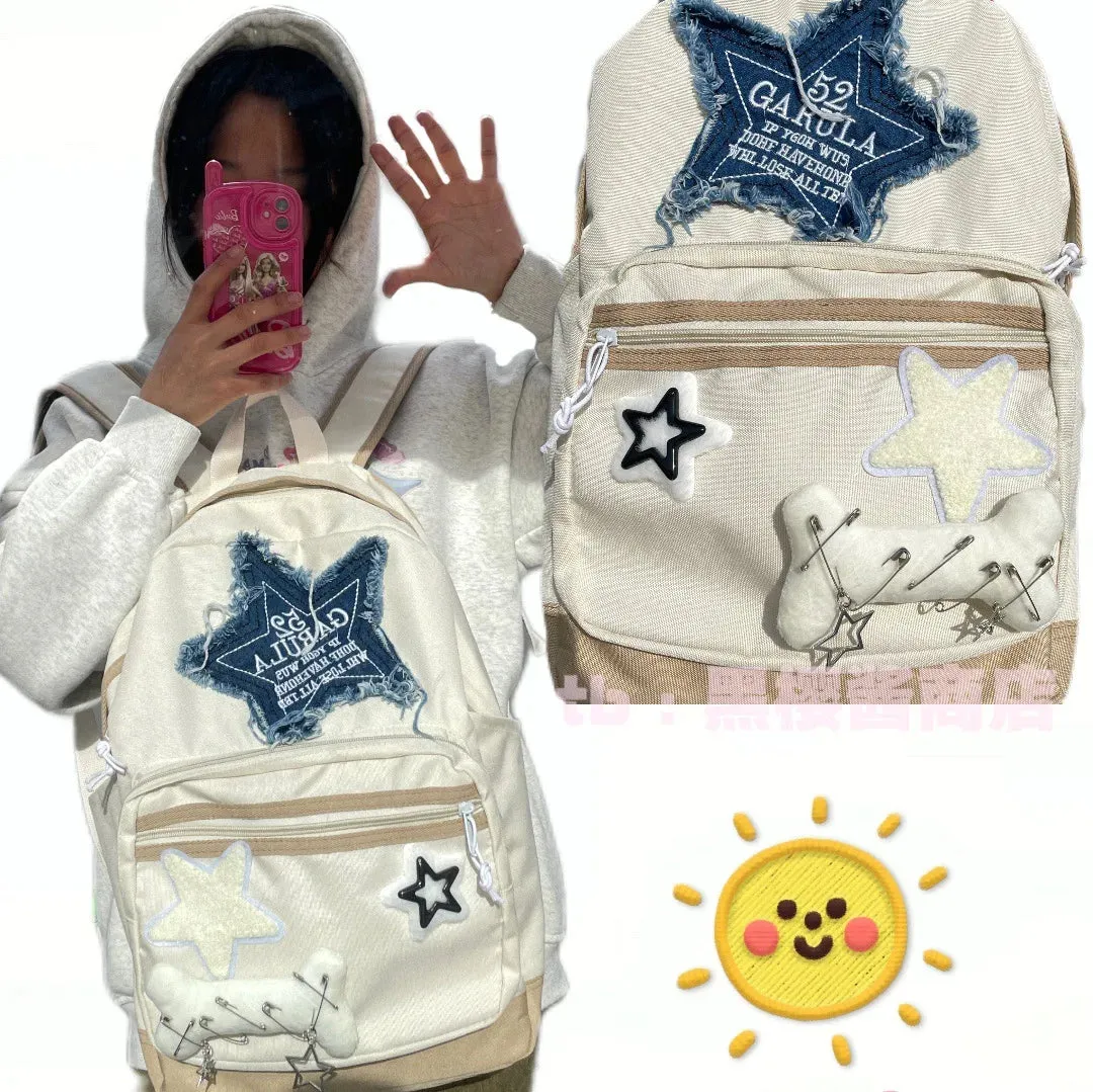 Sohiwoo Y2K Kawaii Backpack Bone Book Bag Cute Star Patchwork Schoolbag Casual Korean Student Bag Girls Travel Ladies Teenage Backpacks